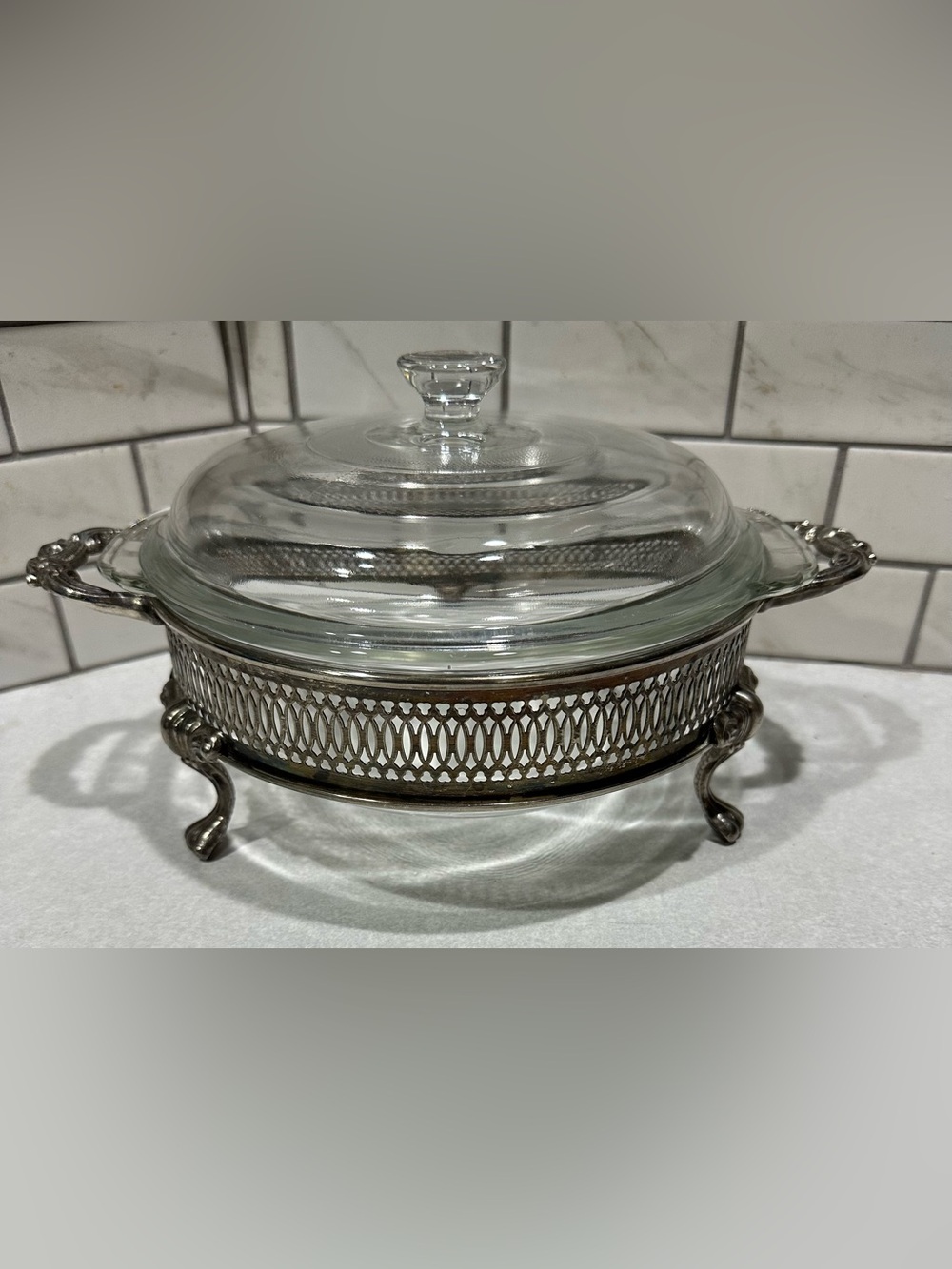 Vintage Fire King By Anchor Hocking Covered Casserole In  Silver Plated Holder.